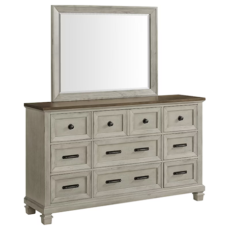 Farmington Dresser and Mirror Set in Medium Brown and Washed Stone