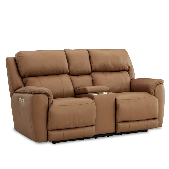 Brown loveseat with reclining feature on a white background