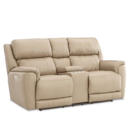 Beige loveseat with reclining feature on a white background