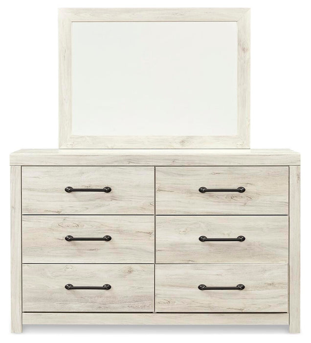 Cambeck Queen Panel Bed with 2 Storage Drawers with Mirrored Dresser