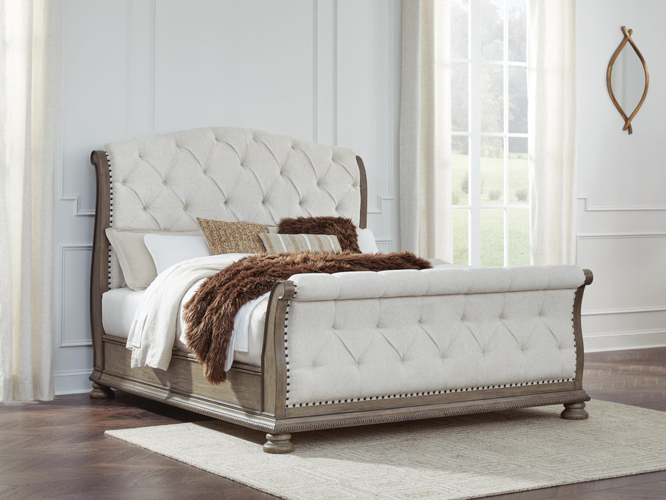 Ardenfield California King Upholstered Sleigh Bed, Dresser and Mirror