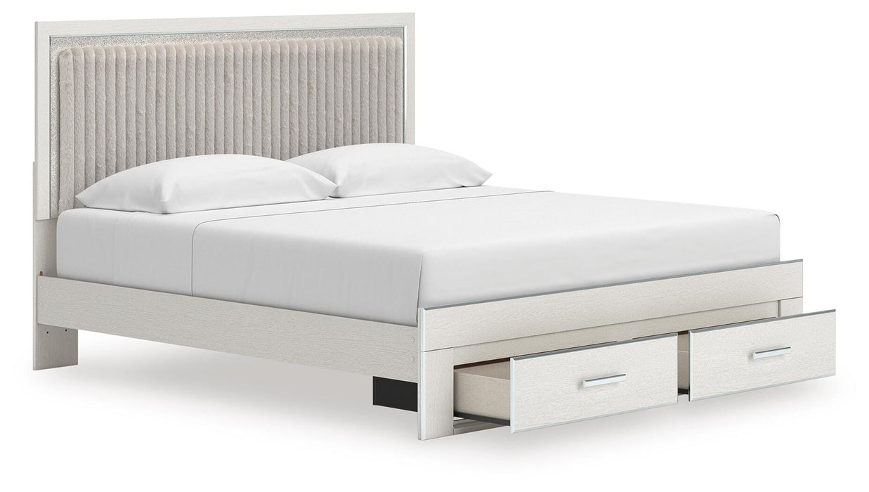 Zuraleus King Upholstered Panel Platform Storage Bed, Dresser and Mirror