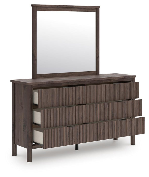 Pamytta Queen Upholstered Panel Platform Bed, Dresser and Mirror