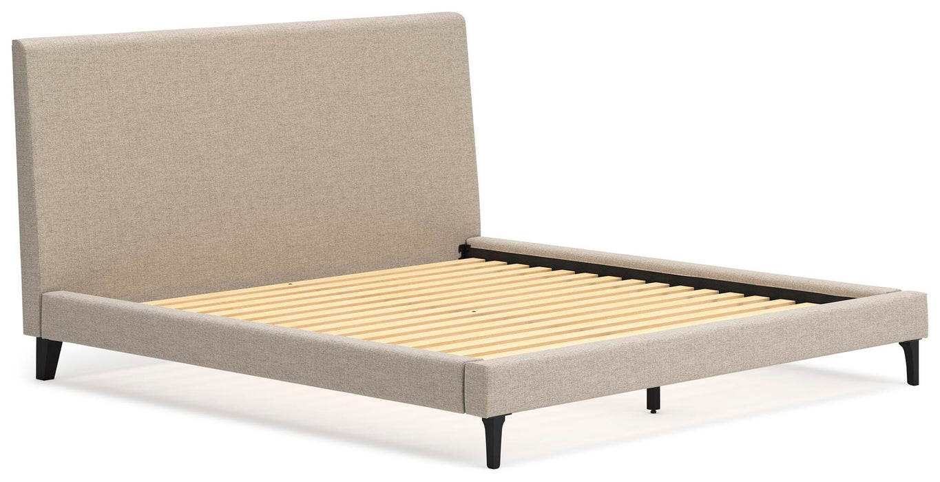 Cielden King Upholstered Bed with Roll Slats, Dresser and Mirror