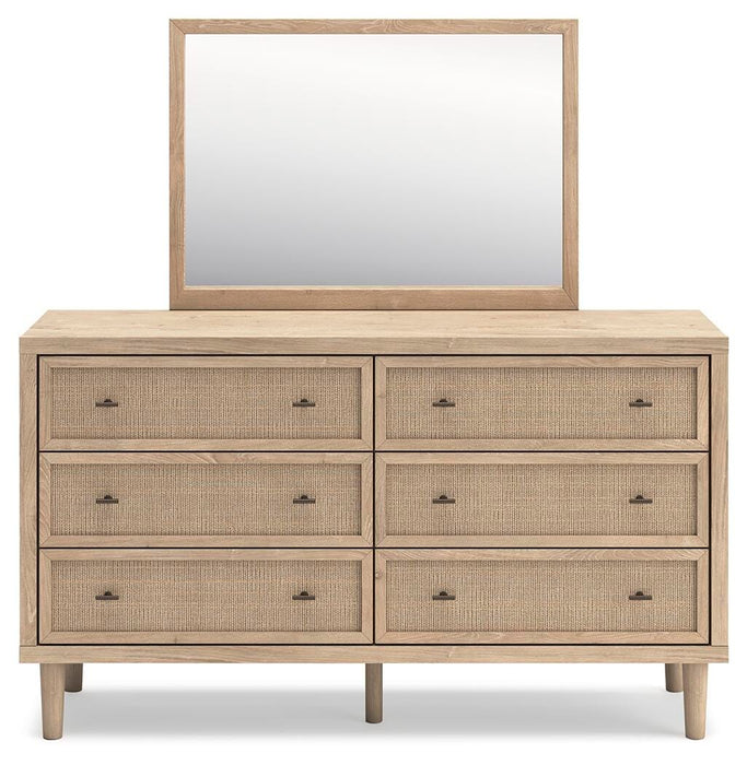 Cielden Queen Upholstered Bed with Roll Slats, Dresser and Mirror