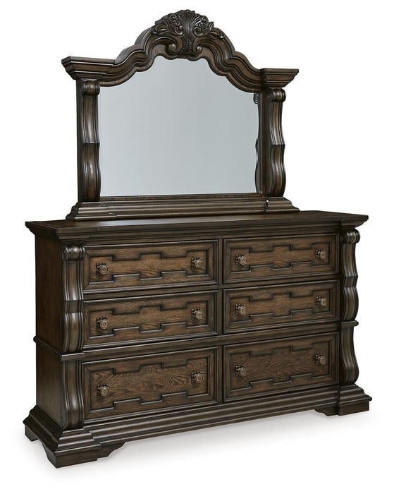 Maylee Queen Upholstered Bed with Mirrored Dresser