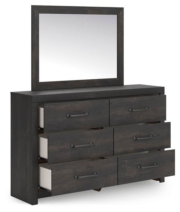 Delmorta Twin Panel Bed with Storage, Dresser and Mirror