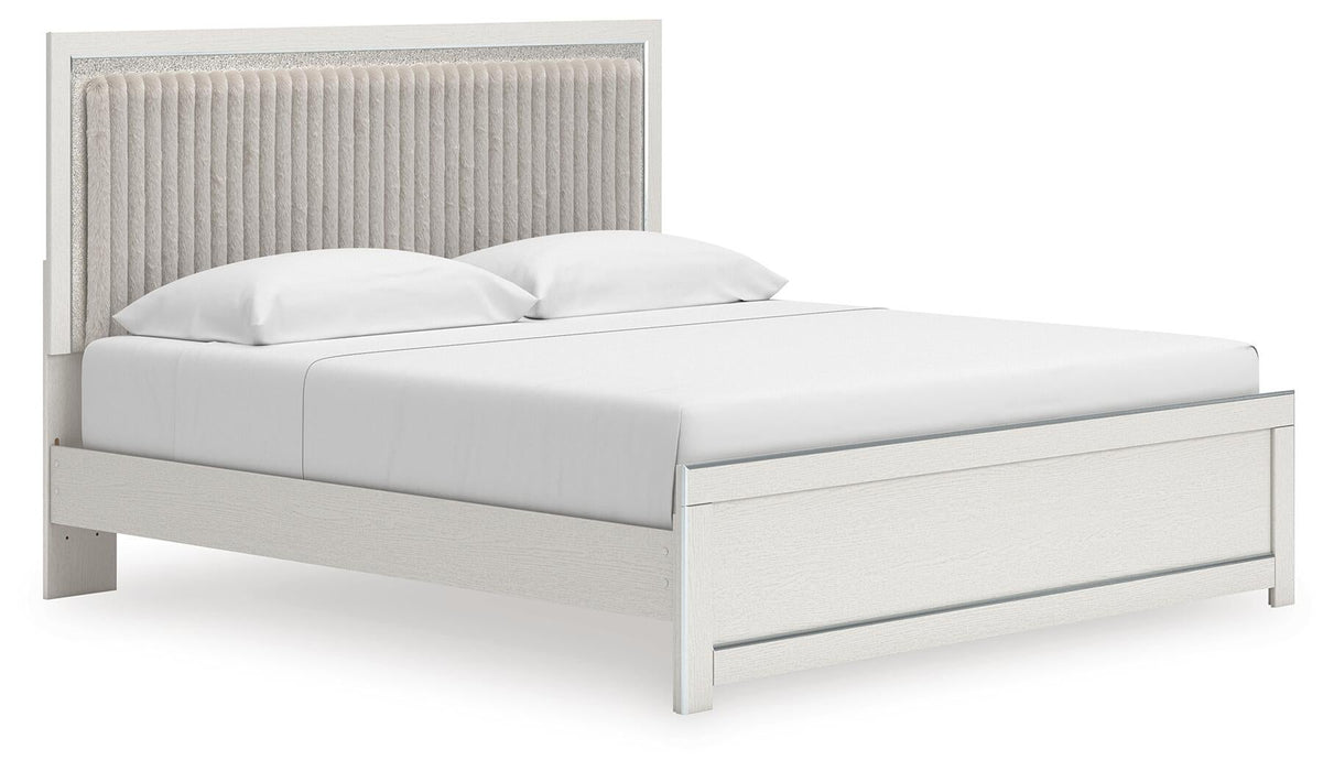 Birmonton King Upholstered Panel Platform Bed, Dresser and Mirror