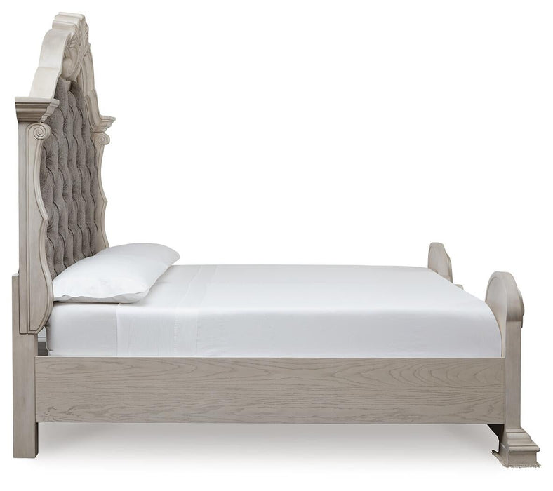 Andonhall King Upholstered Panel Bed with Mirrored Dresser